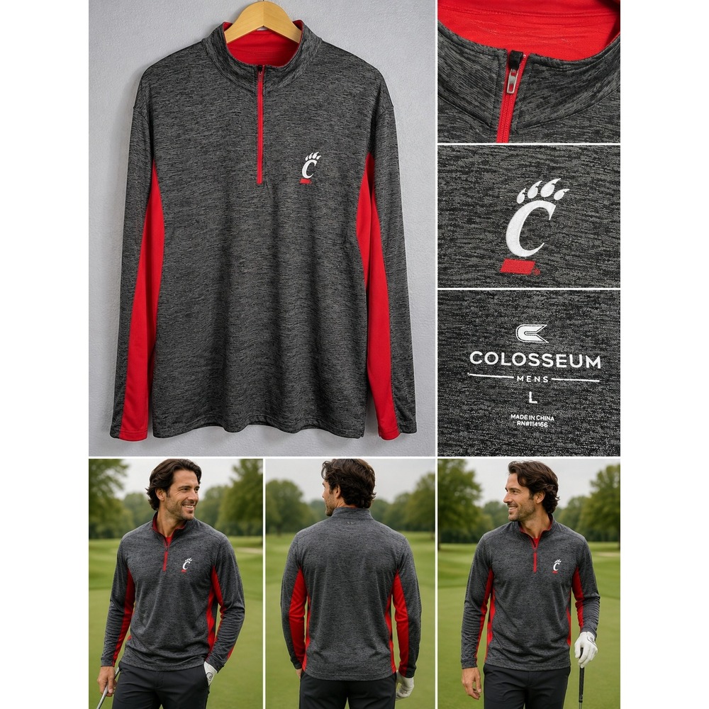 Cincinnati Bearcats Mens Large Quarter Zip Pullover Charcoal Red NCAA‎ Colosseum